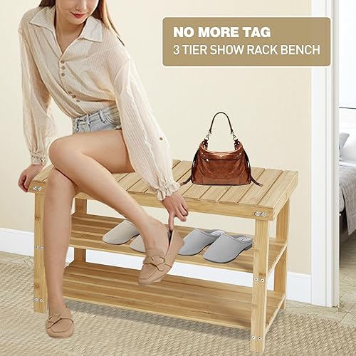 Miniatura 5 de ECOMEX Zapatero de almacenamiento de 2 niveles, asiento de banco de entrada con estante de almacenamiento de zapatos, banco de entrada de madera,