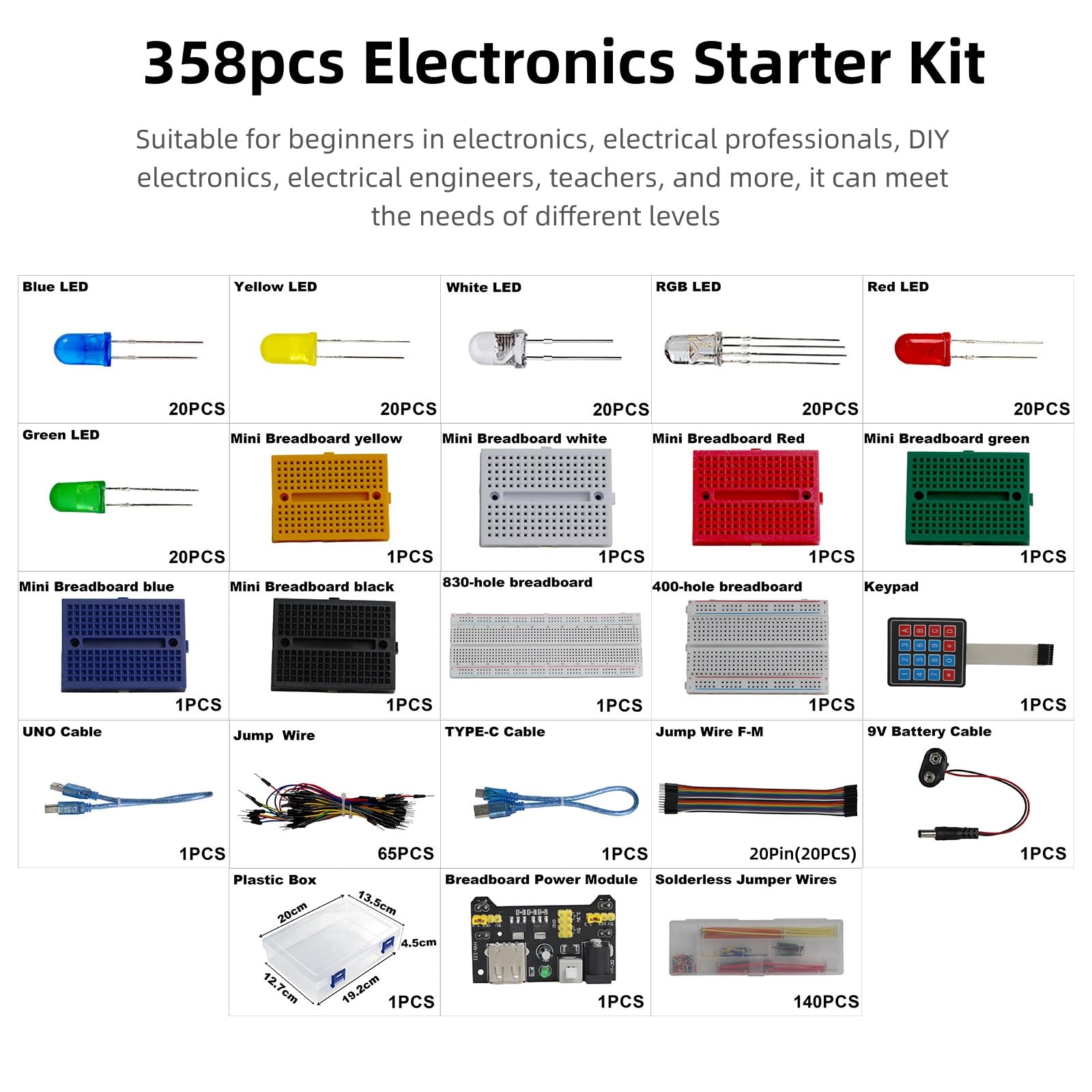 Electronics Component Fun Kit with 830 & 400 tie-Points Breadboard, Jumper Wire, Power Supply Modle, 4x4 Keypad, dioda LED, kabel USB, łącznie 358 przedmiotów kompatybilny z Arduino, Raspberry