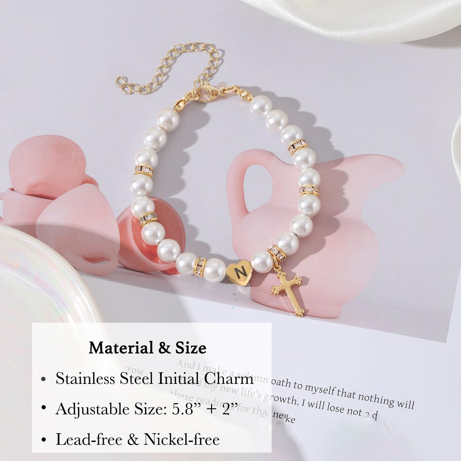 Personalized First Communion Gifts for Daughter Niece, Initial Cross Pearl Bracelet for Catholic, Goddaughter Communion Gifts from Godparent - Image 2
