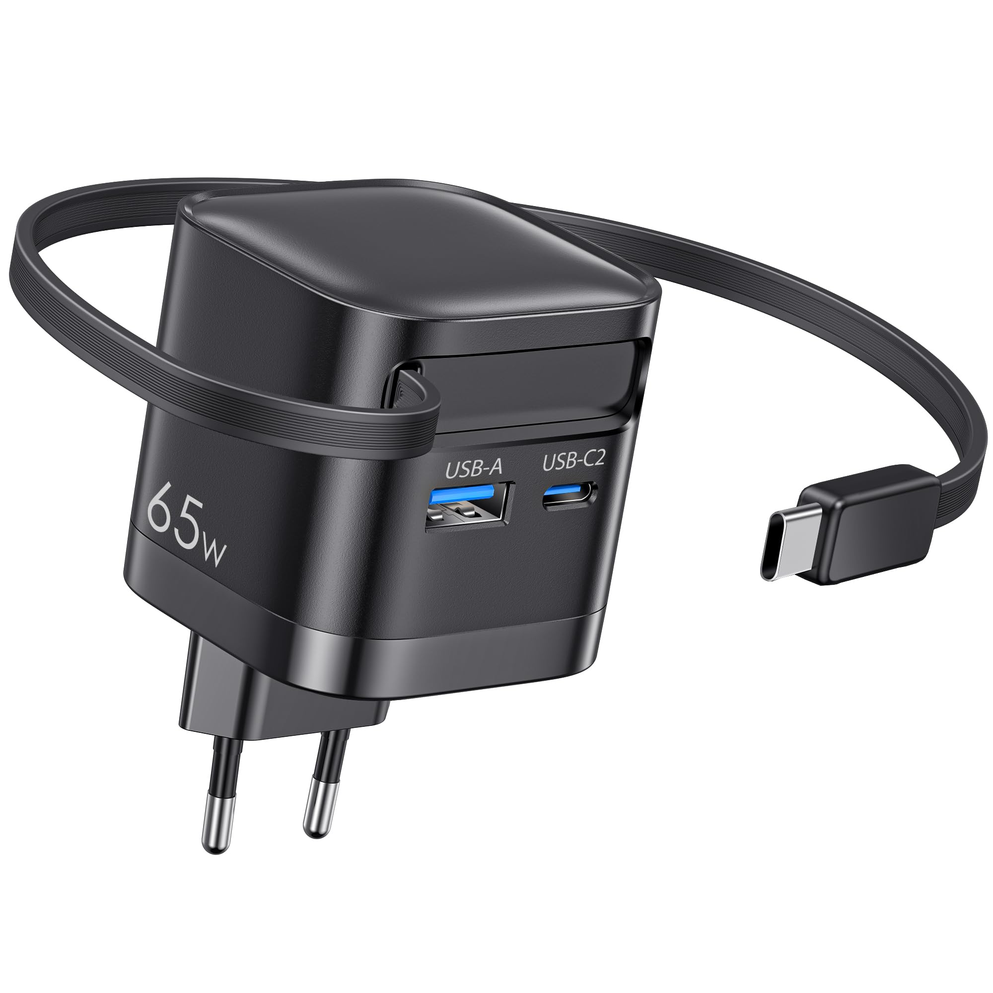 Caricatore USB C da 65 W a 3 porte con cavo retrattile, adattatore portatile GaN Power per MacBook Pro/Air, iPhone 17/16/15/14, per Samsung Galaxy S26/S25/S24, iPad, laptop, telefoni cellulari