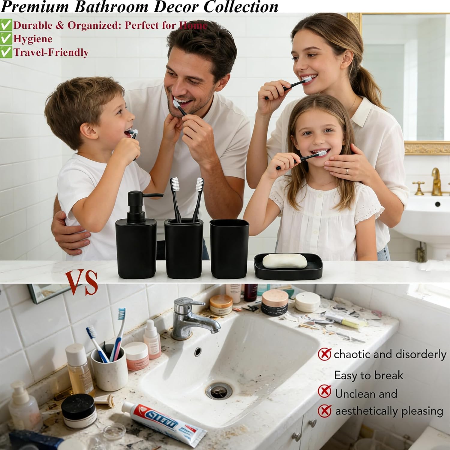 4 Piece Bathroom Accessories Set, Plastic Bathroom Accessory Set- Square Toothbrush Holder Set, Soap Dispenser, Toothbrush Holder, Mouthwash Cup, Soap Dish, Boho Modern Decor for Home,Matte Black