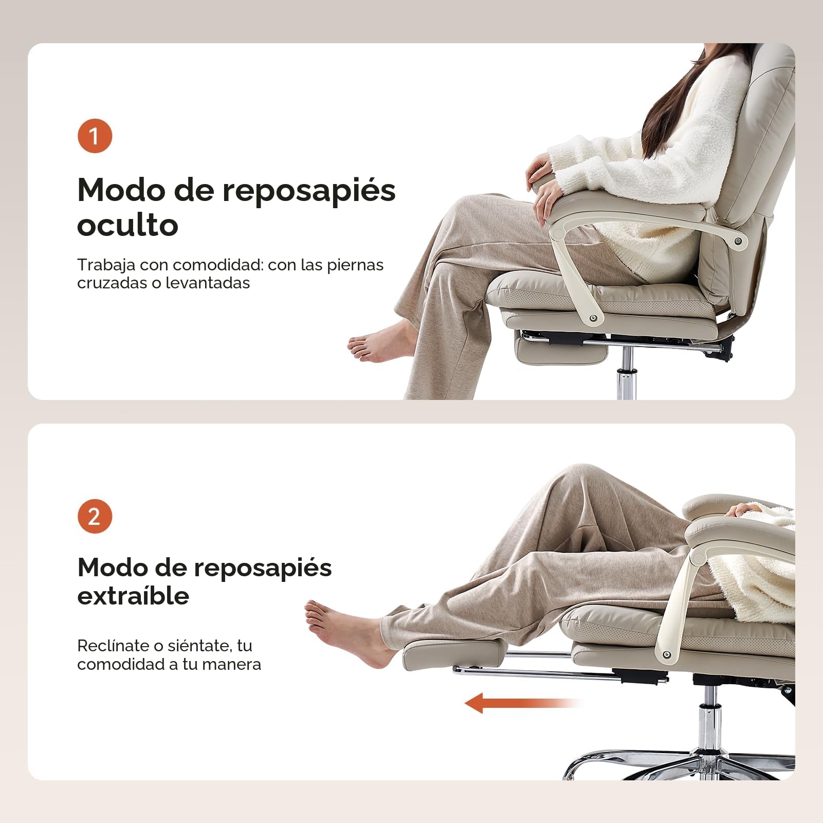 EMIAH Silla de Oficina Ergonómica con Reposapiés, Silla de Escritorio Ejecutiva Reclinable, Sillón de Cuero PU, Modernas Cómoda Silla de Ordenador Tocador con Ruedas, Bonita Silla para el Hogar, Beige
