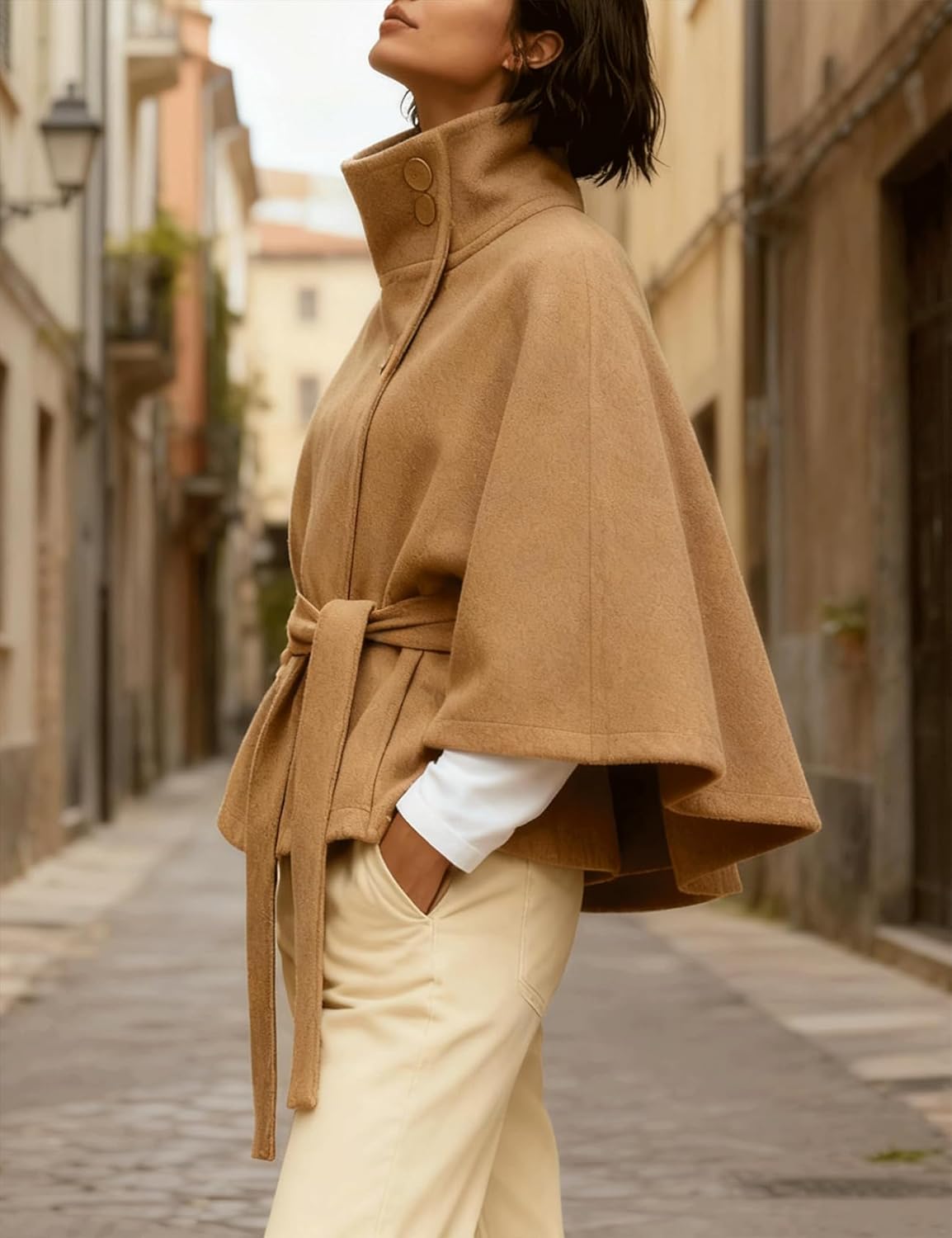 Womens Batwing Sleeve Ponchos Pea Coat Wool Bland Fall Winter Collar Belt Capes Jacket Cropped Overcoat