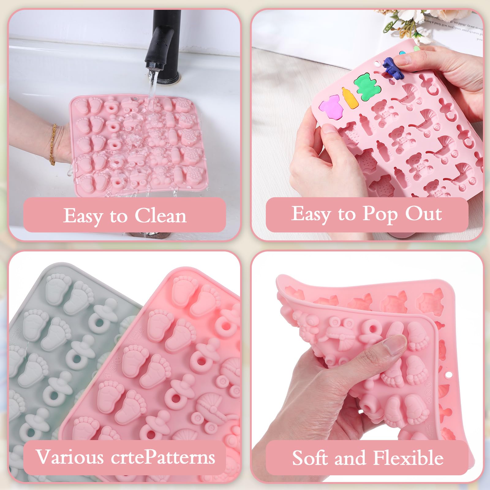 Prasacco 2 stuks siliconen vormen in de vorm van een gelatine beer voor babyshower, babyvoetafdrukken, fopspeen, kinderwagen, beer, fles, babykleding, schattige fondantvorm