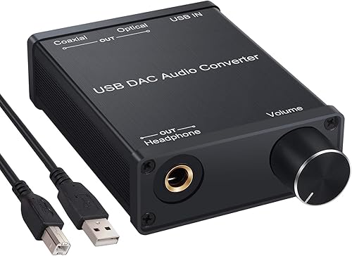 LiNKFOR Amplificador USB DAC y auriculares, coaxialópticosalida de auriculares de 0.250 in, USB a coaxial SPDIF convertidor digital a analógico