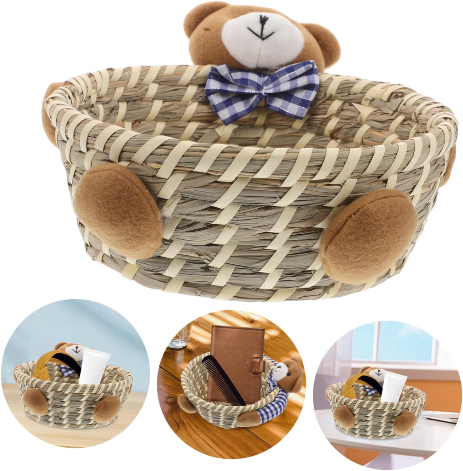 Bear Shaped Woven Basket Straw Storage Bin Decorative Organizer for Boys and Girls Room Home Decor