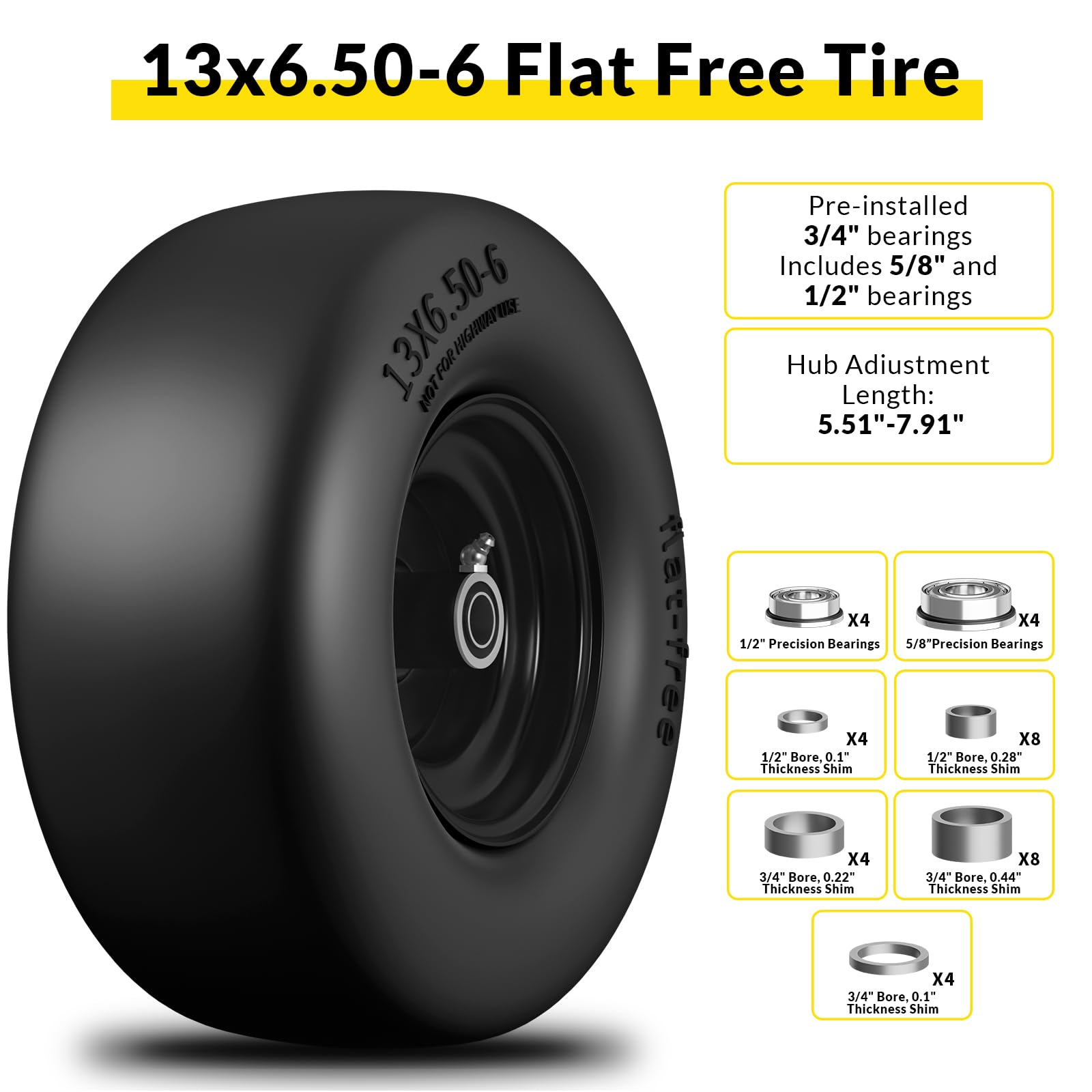 TEPU Neumático y rueda para cortacésped plano de 13 x 6.50-6, repuesto para cortacésped de giro cero, neumático delantero de 13 x 6.5-6, carga de 500 libras, con rodamiento de 3/4 pulgadas, 5/8