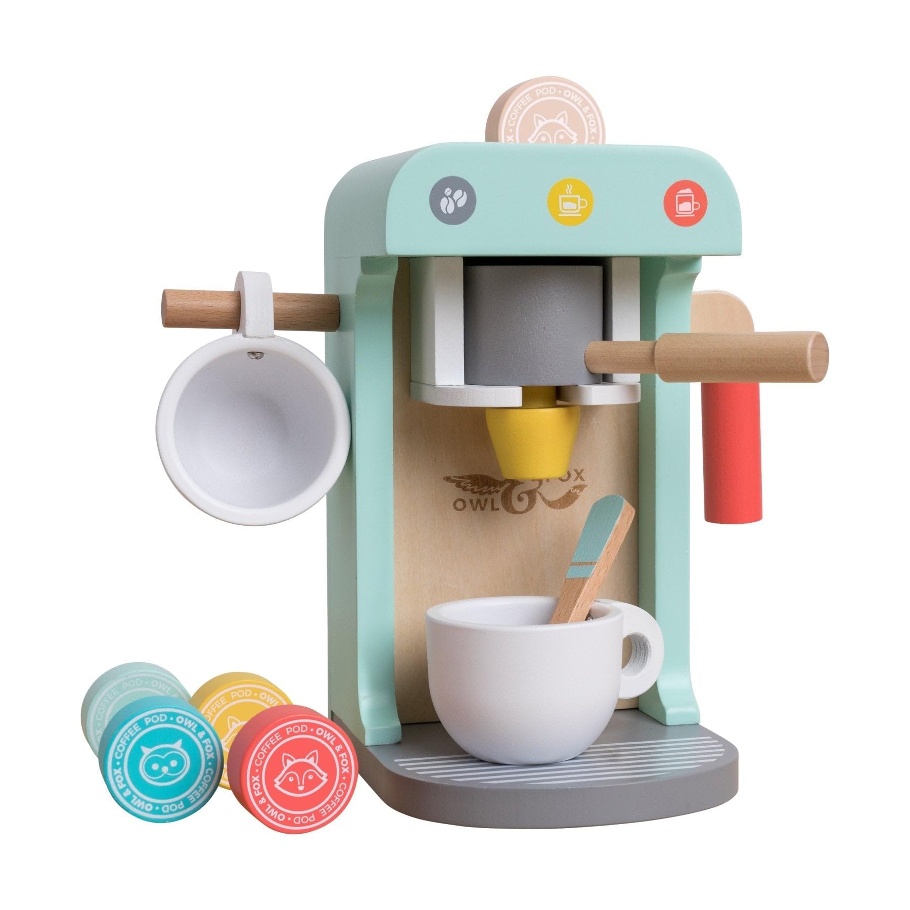 Wooden Coffee Machine, Pretend & Imaginative Play for Boys & Girls, Complete with Coffee Pods, Handle, Frother, Cups, FSC Certified, Dimensions 11, x 13 x 20 cm (H)