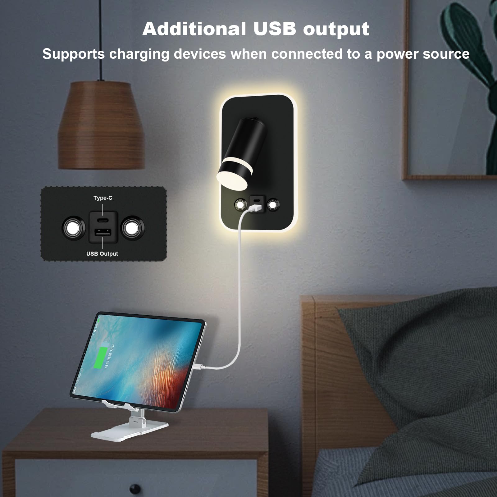 HUIZHOU Lampada LED da Parete 12W con Controllo Touch, 3 Modalità di Luce, Porta USB Integrata, Rotazione 350°, Lampada da Lettura Moderna per Camera da Letto, Comodino e Soggiorno (Rettangolo nero)