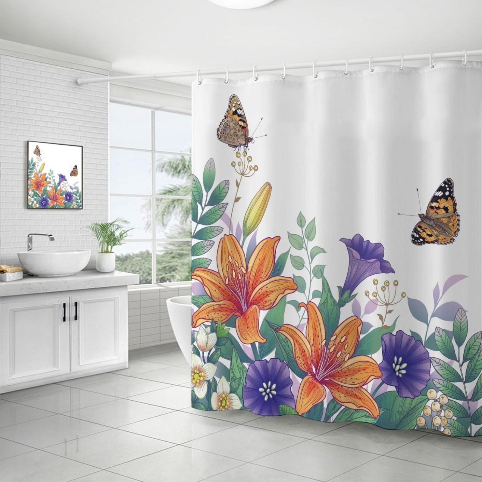 Shower Curtains Butterfly Orange Purple Wet Room Shower Curtain Mould Proof Resistant Waterproof Polyster Fabric Washable with 12 Hooks Garden Bathroom Curtains (180x200cm)