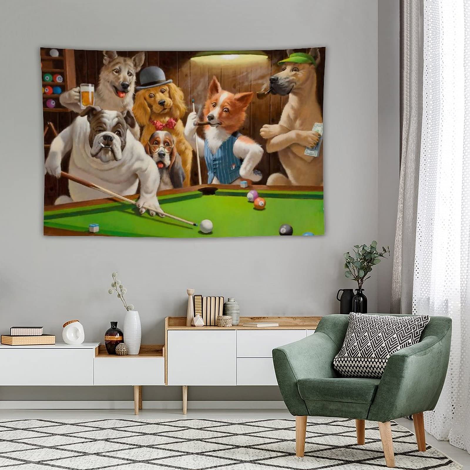Amazon.co.jp: 面白い犬とビリヤード タペストリー 壁掛け装飾 室内