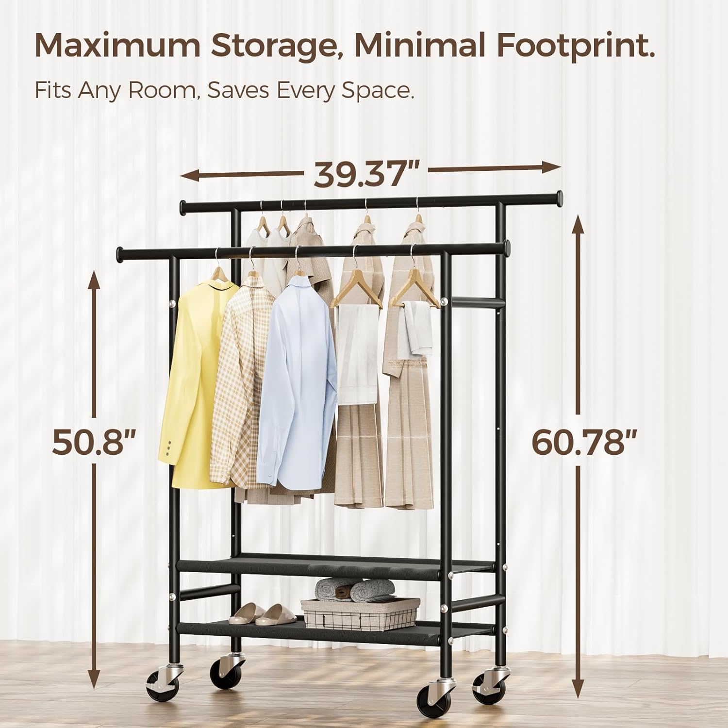 Rolling Clothes Racks, Double Rods Clothing Rack