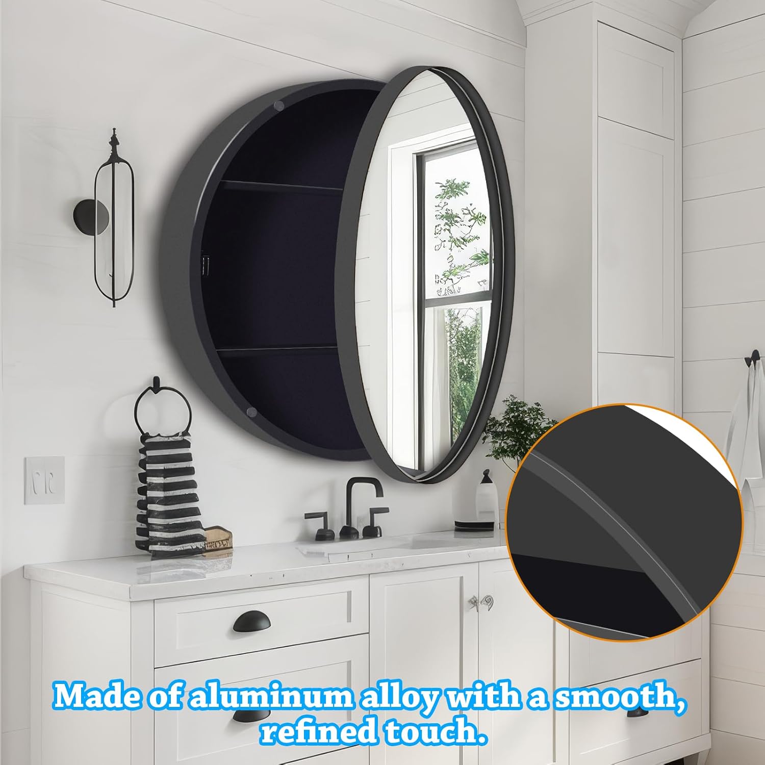 26 x 26 Inch Round Medicine Cabinet with Mirror, Surface Mount Only, Black Metal Frame Bathroom Mirror Cabinet, Modern Shatterproof Vanity Mirror with Storage