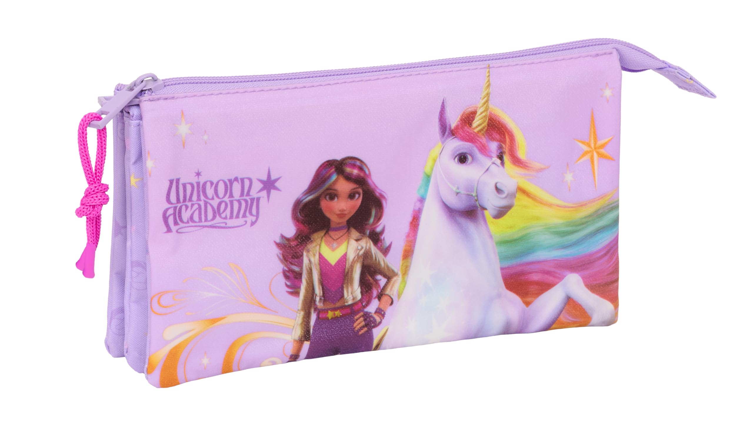 Safta Unicorn Academy – Triple Pencil Case, Children's Pencil Case, Ideal for School Age Children, Comfortable and Versatile, Quality and Resistance, 22 x 3 x 12 cm, lilac, M, Casual