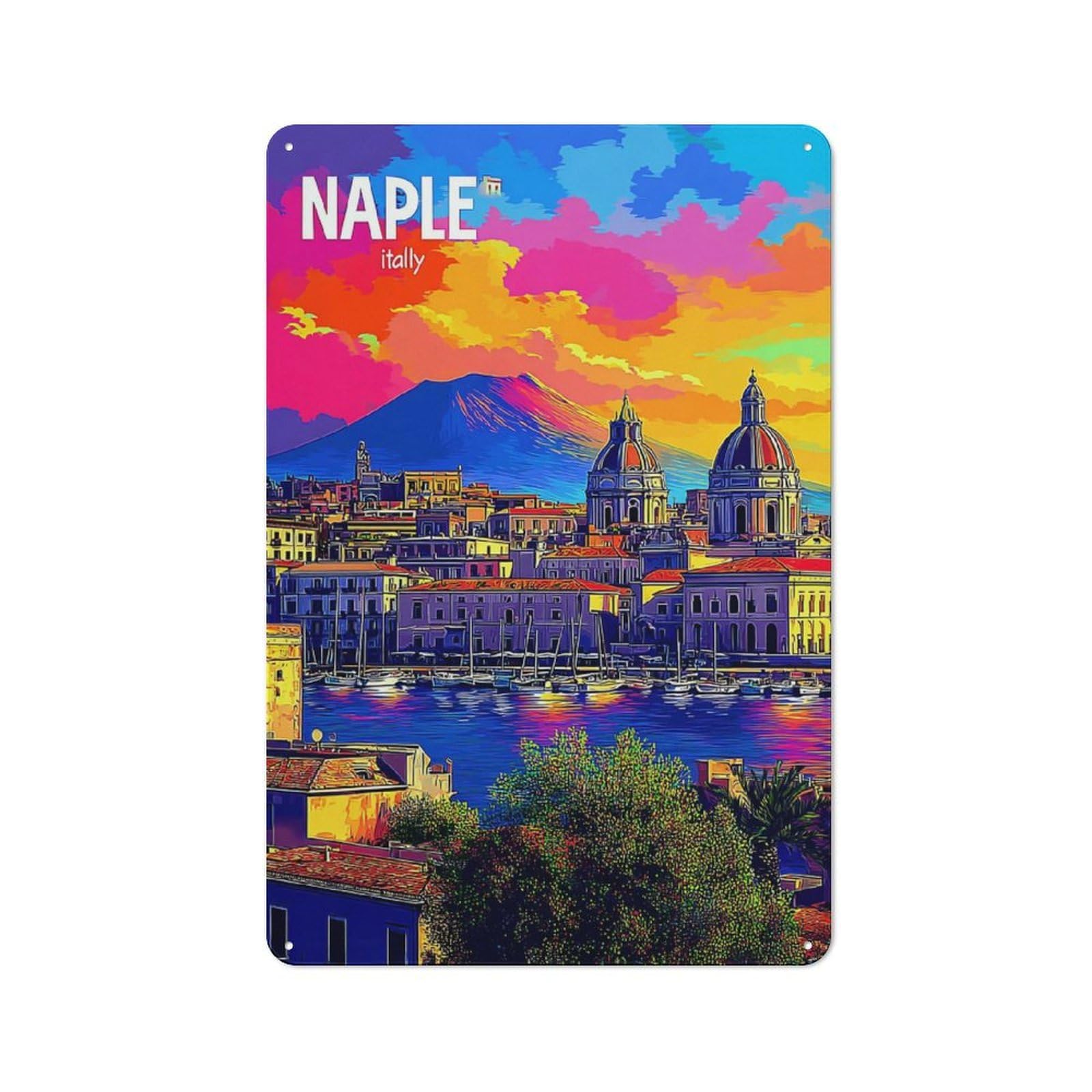 Junmoney Naples Cityscape With Volcano Retro Metal Sign With Design 30X20cm, Distressed Look Retro Room Decor For Living Room, Hallway, Kitchen Or Cafe