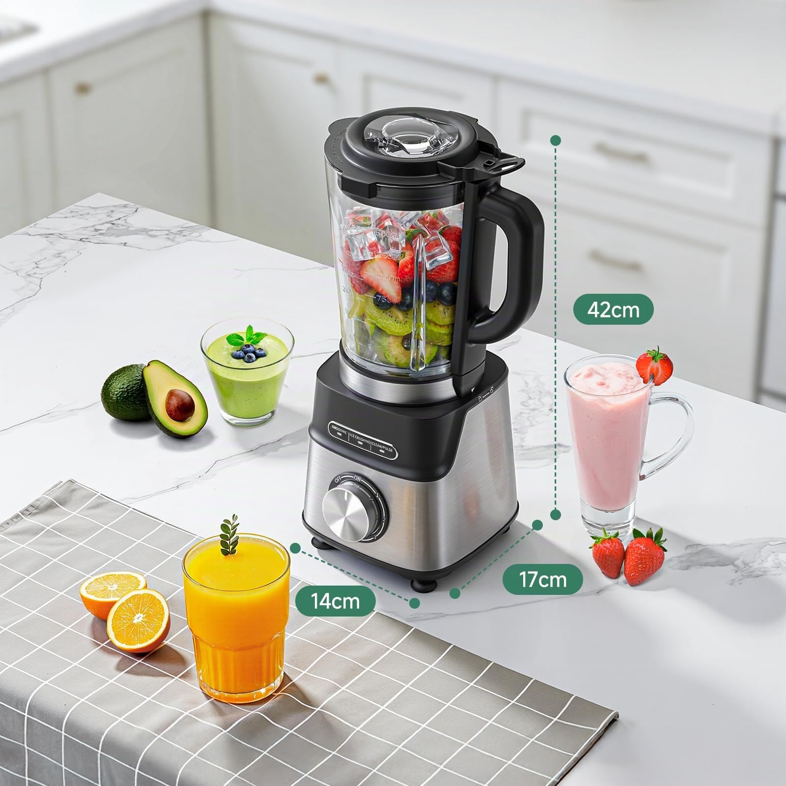 AMZCHEF Batidora de vaso de Cristal 1200W, Jarra de cristal de 1,5L Resistente al Calor, 5 Velocidades + 3 Programas (Smoothie, Hielo Picado, Auto-Limpieza),6 Cuchillas de Acero Inoxidable