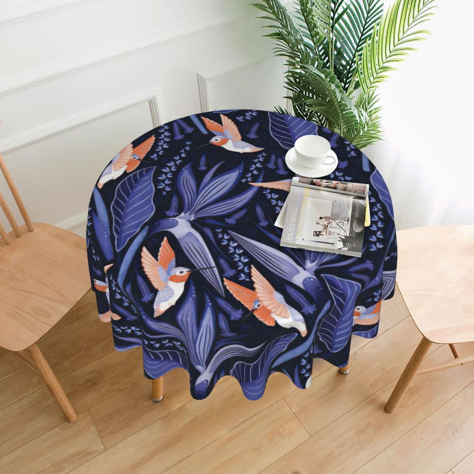 SDEGTHO Blue and orange bird Print Modern Retro Round Tablecloth 60in Polyester Fabric Cover for Party Dining Table Washable