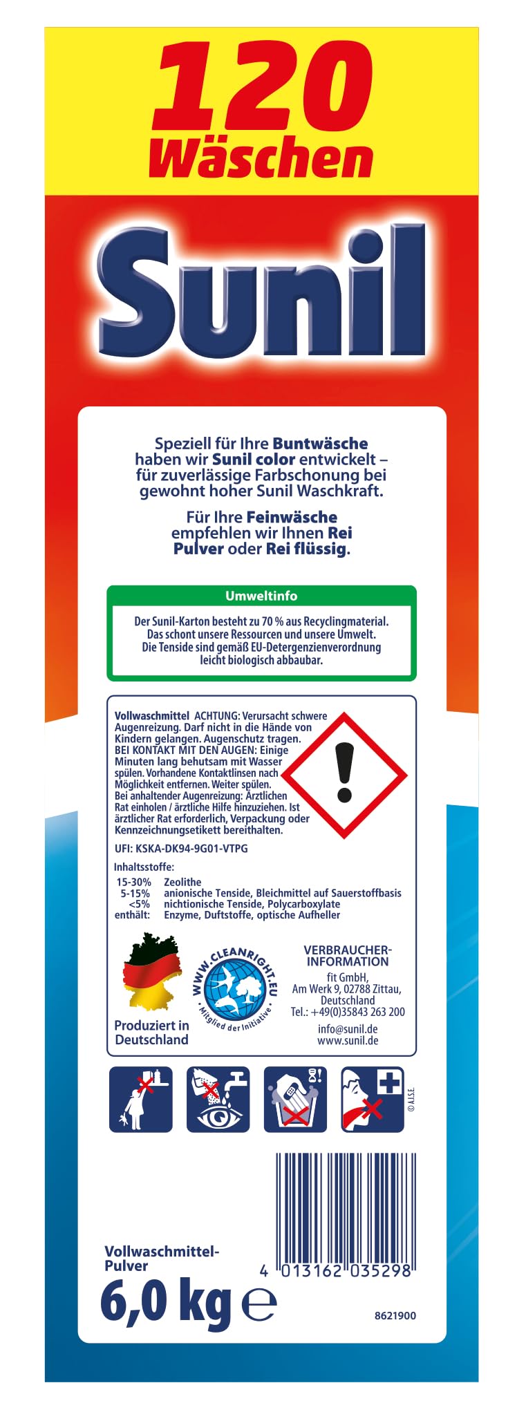 Sunil aktiv Pulver - Vollwaschmittel - für 120 Wäschen - Flecklösekraft, hautverträglich, mikroplastikfrei, vegan - 6 kg