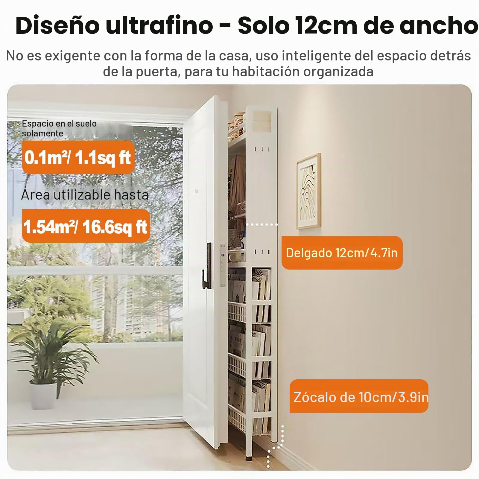 Estantería detrás de la puerta, estantería infantil que ahorra espacio con 5 niveles, estantería alta y estrecha detrás de la puerta, estantería de pared abierta con ganchos para dormitorio infantil