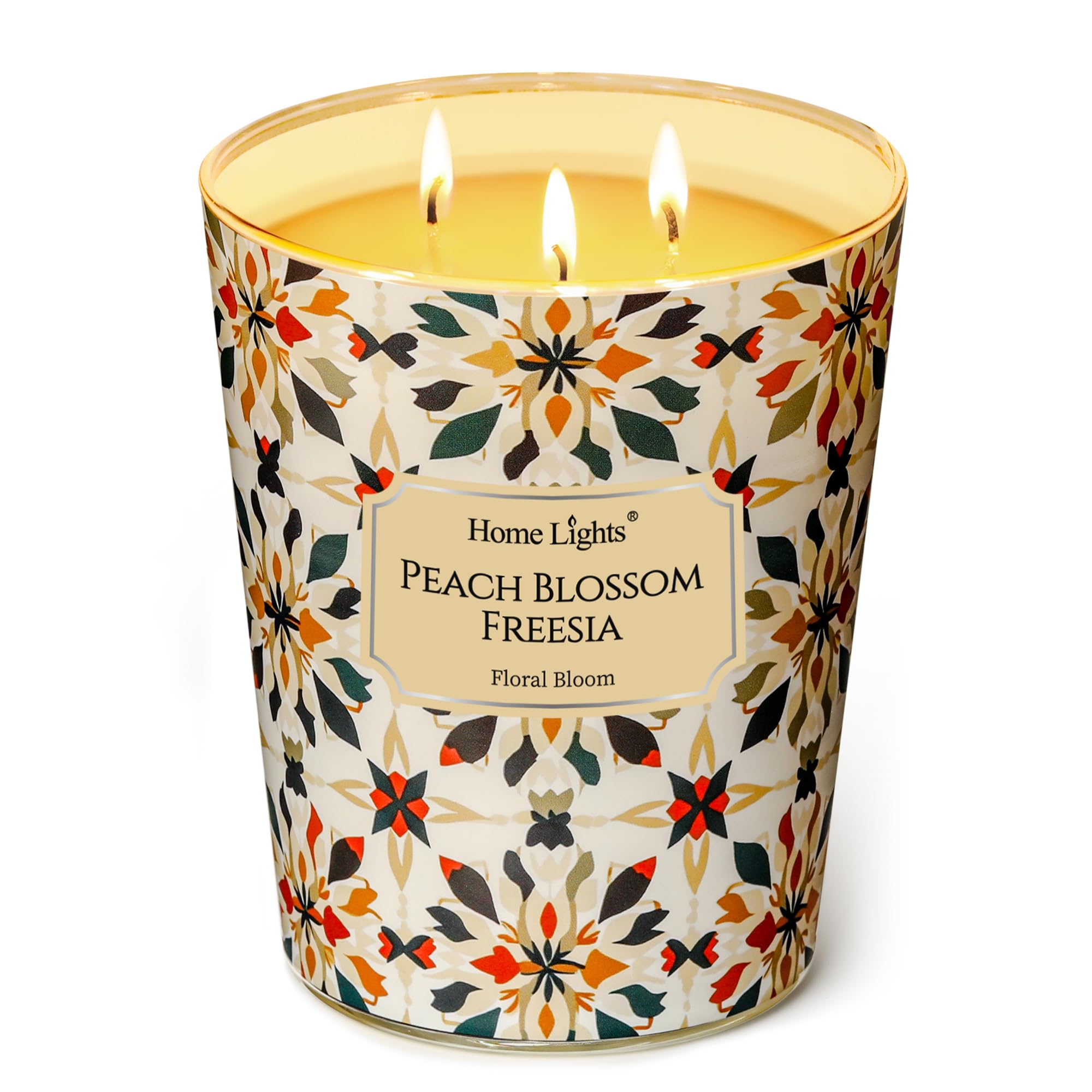 Home Lights 3-Wick Candles for Home Scented - 34oz Soy Wax Candle Long-Lasting Fragrance, Bohemian Natural Textures Home Decor and Housewarming Gifts, Peach Blossom Freesia