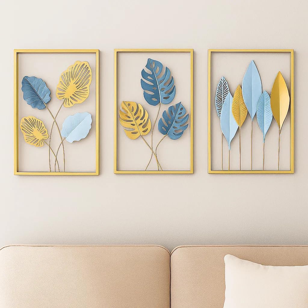 Bohemian 3D Metal Leaf Gold Wall Art Set of 3 | Boho Hallway Wall Hanging Home Decor for Farmhouse Living Room, Office, Bedroom, Indoor, Outdoor | Large Modern Minimalist Gold Metal Wall Sculptures(16x11")