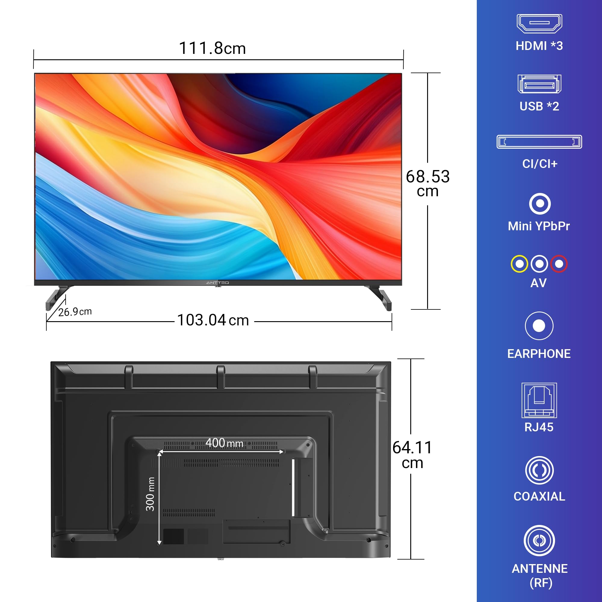 Antteq S50 Smart TV 50 Pouces(127cm), Andriod TV 4K UHD, HDR10, Dolby Audio, Google Assistance, Bluetooth Triple Tuner (DVB-C/S2/-T2), DAZN/Disney+/Netflix/Prime Video/Youtube, WiFi