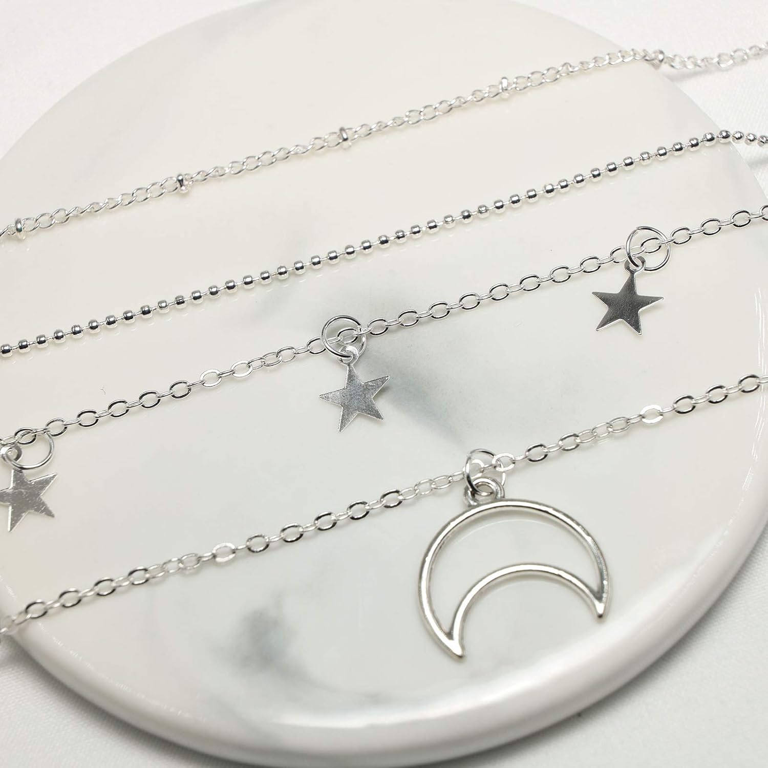 Yienate Bohemian Layered Necklace Dainty Silver Hollow Moon Star Pendant Chunky Link Chain Bead Choker Boho Charm Beach Necklace Jewelry for Women and Girls - Image 4