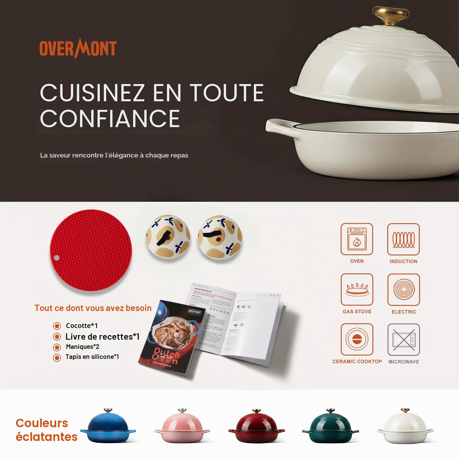 OVERMONT Cocotte à Pain en Fonte Émaillée 5,7 L, Tous Feux, Blanc | Pour pain au levain à croûte croustillante : base peu profonde, couvercle bombé, induction, four 260 °C et recettes.