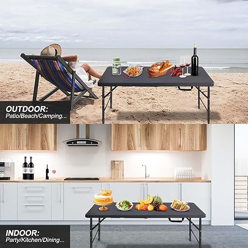 Miniatura 6 de Mesa plegable de plástico portátil de 4 pies6 pies8 pies, mesa de comedor de picnic blanca y negra, plegable por la mitad para campamento, fiesta,