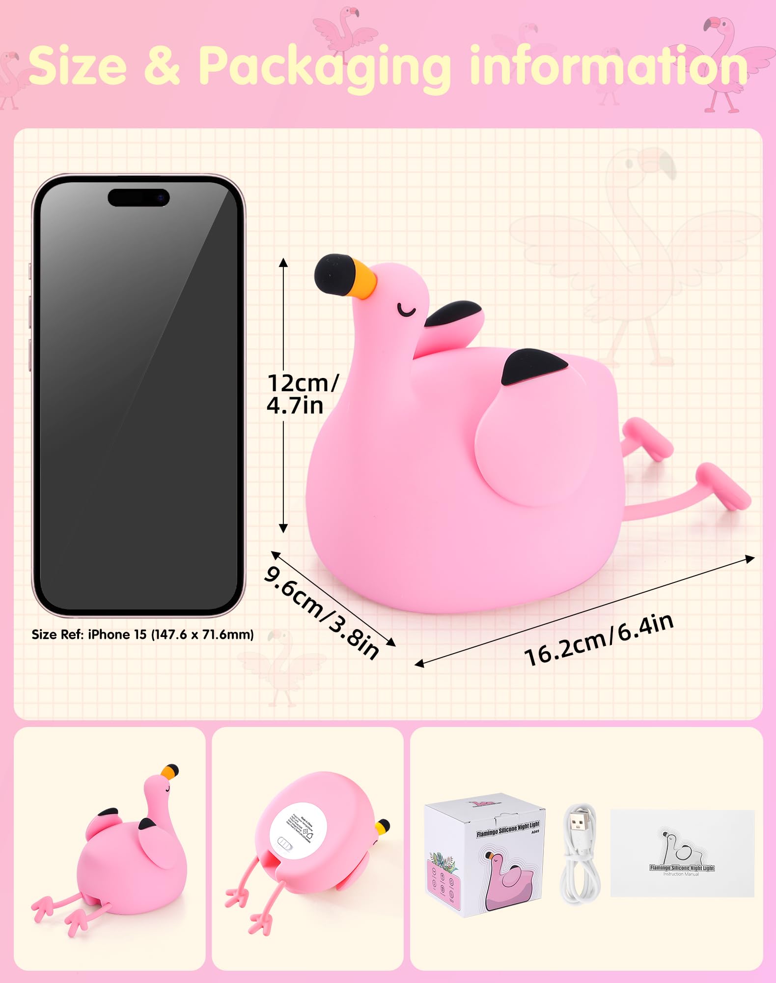 YISUN Veilleuse flamant rose pour enfants, lampe de chevet LED rechargeable en silicone souple avec minuterie, 3 niveaux à intensité variable, jolie veilleuse pour chambre à coucher, salon, salle à