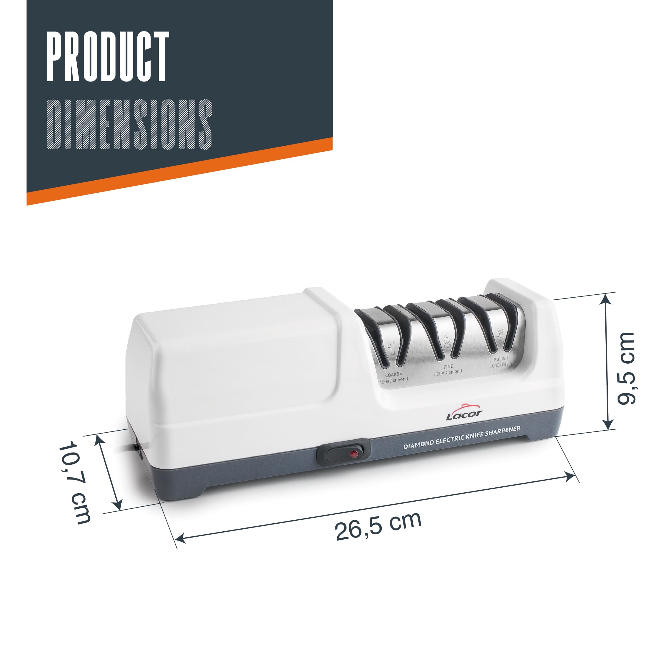 Lacor 69432 - Affilatore per coltelli Drei, elettrico 18 W, 3 stadi, con... | Utensile professionale duraturo; progettato per prestazioni ottimali e una pulizia rapida in lavastoviglie