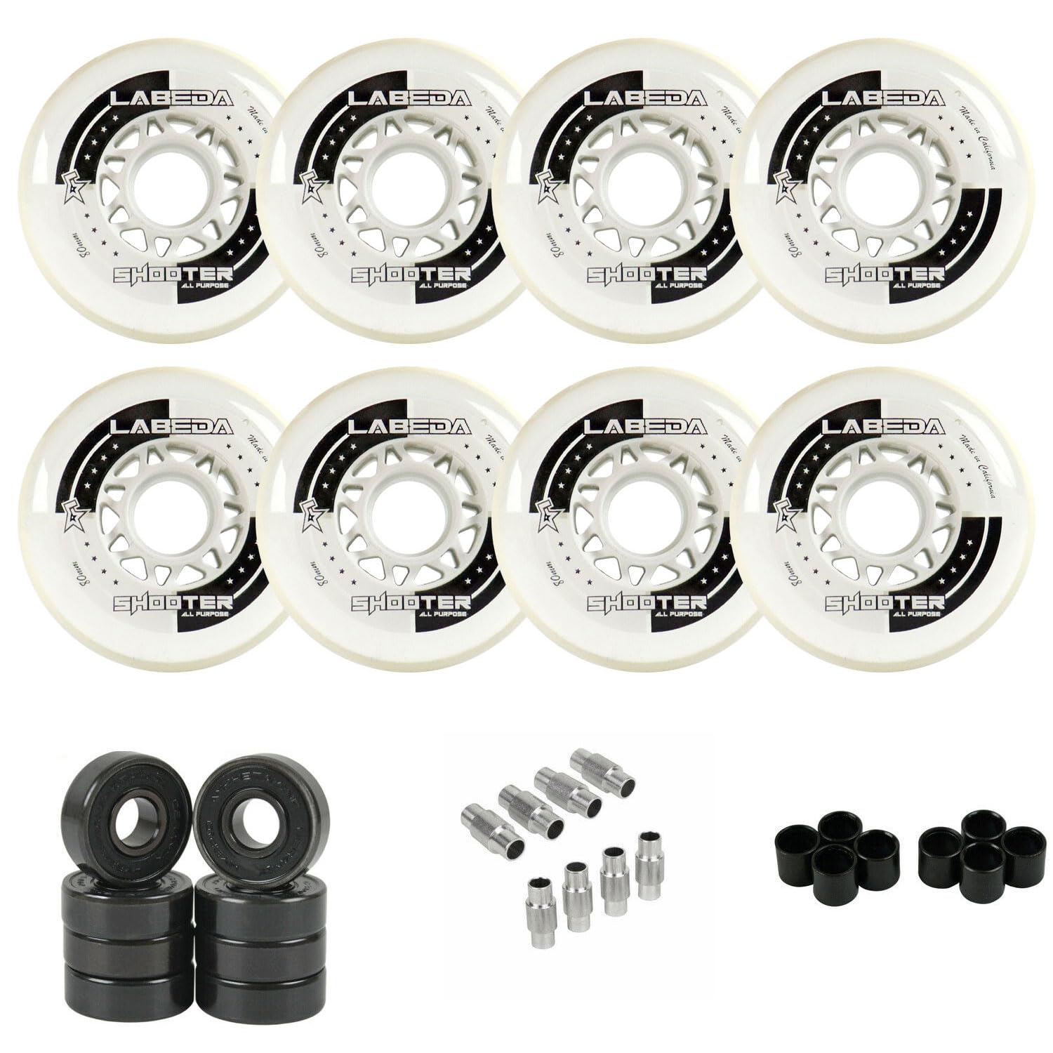Labeda Shooter Roller Hockey Wheels - 80mm White - 8-Pack and Hybrid Ceramic Bearings