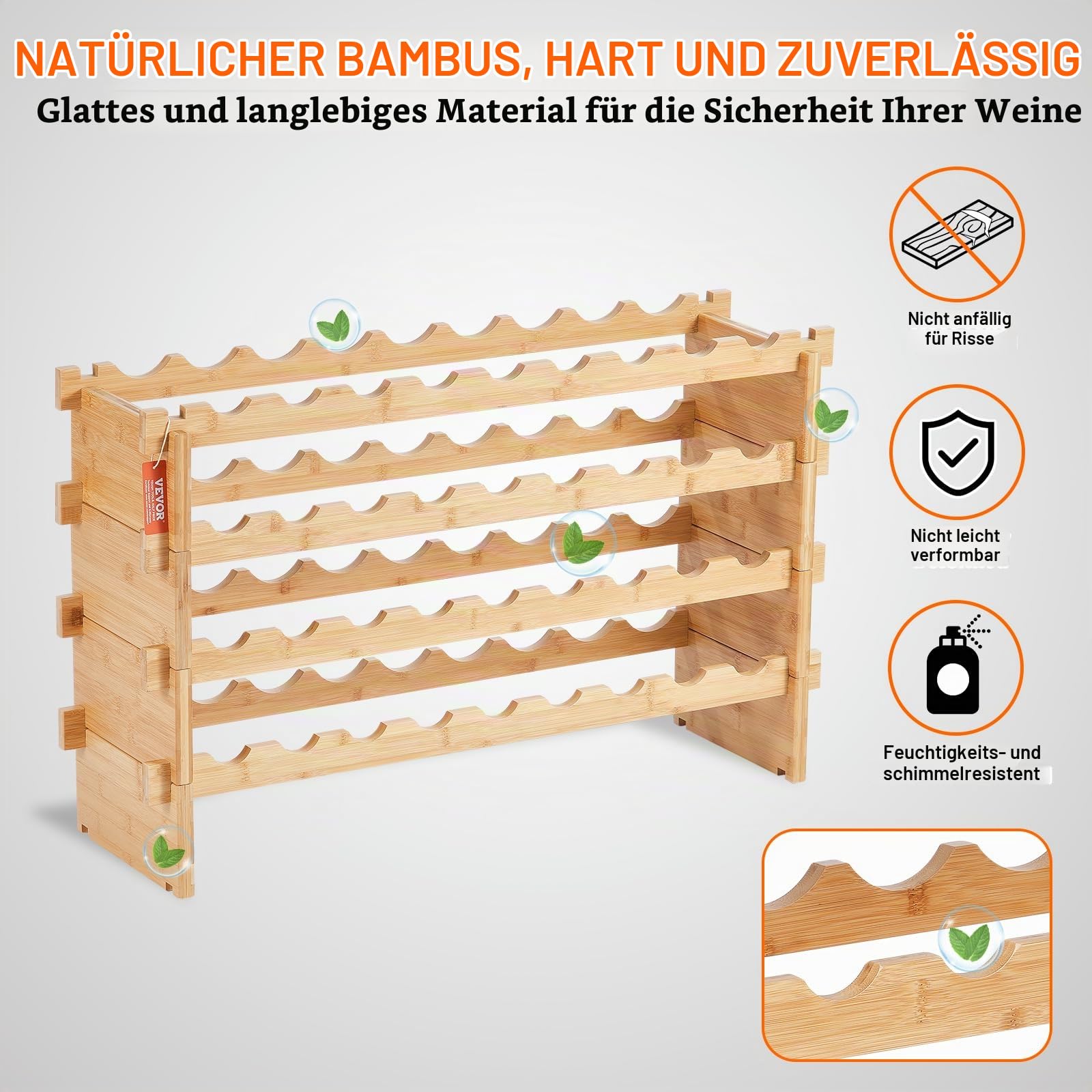 VEVOR Weinregal stapelbar 36 Flaschen, stabiles Flaschenregal, 4-stufiges Lagerregal aus massivem Bambusholz, freistehendes Weinregal, wackelfreie Regale für Küche, Bar und Keller (natürliche Farbe)
