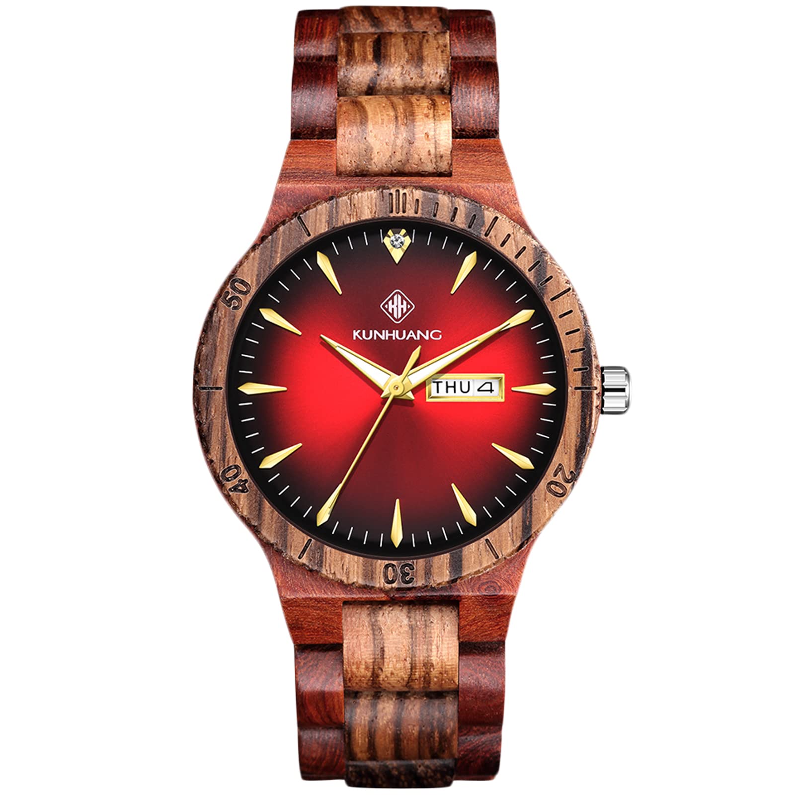 Men Wooden Watches Luminous Watch Analog Quartz Lightweight Wristwatch Natural Wooden with Week Display Wrist Watch