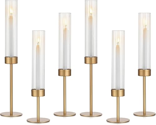 Glasseam Candelabros cónicos dorados 6 portavelas de latón alto con cilindro de vidrio acanalado, portavelas estriados para centro de mesa,