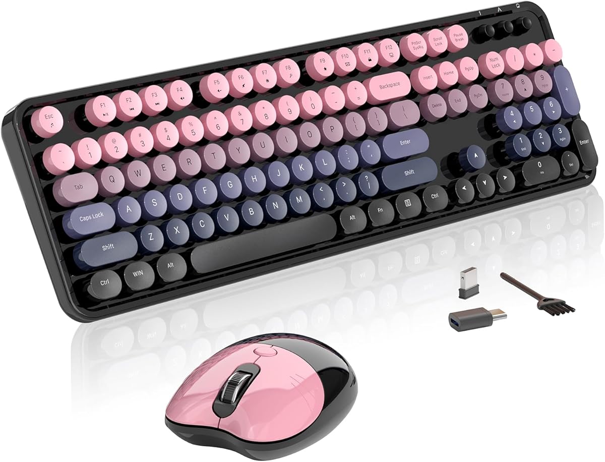 Wireless Keyboard and Mouse, MOFII 104 Round Keycaps Retro Typewriter with OTG & Brush, Full-Size Ergonomic, Ideal for Windows PC, Home, Office and College Peach Pink