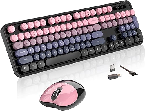 Teclado y mouse inalámbricos, 104 teclas redondas MOFII máquina de escribir retro con OTG y cepillo, ergonómico de tamaño completo, ideal para PC