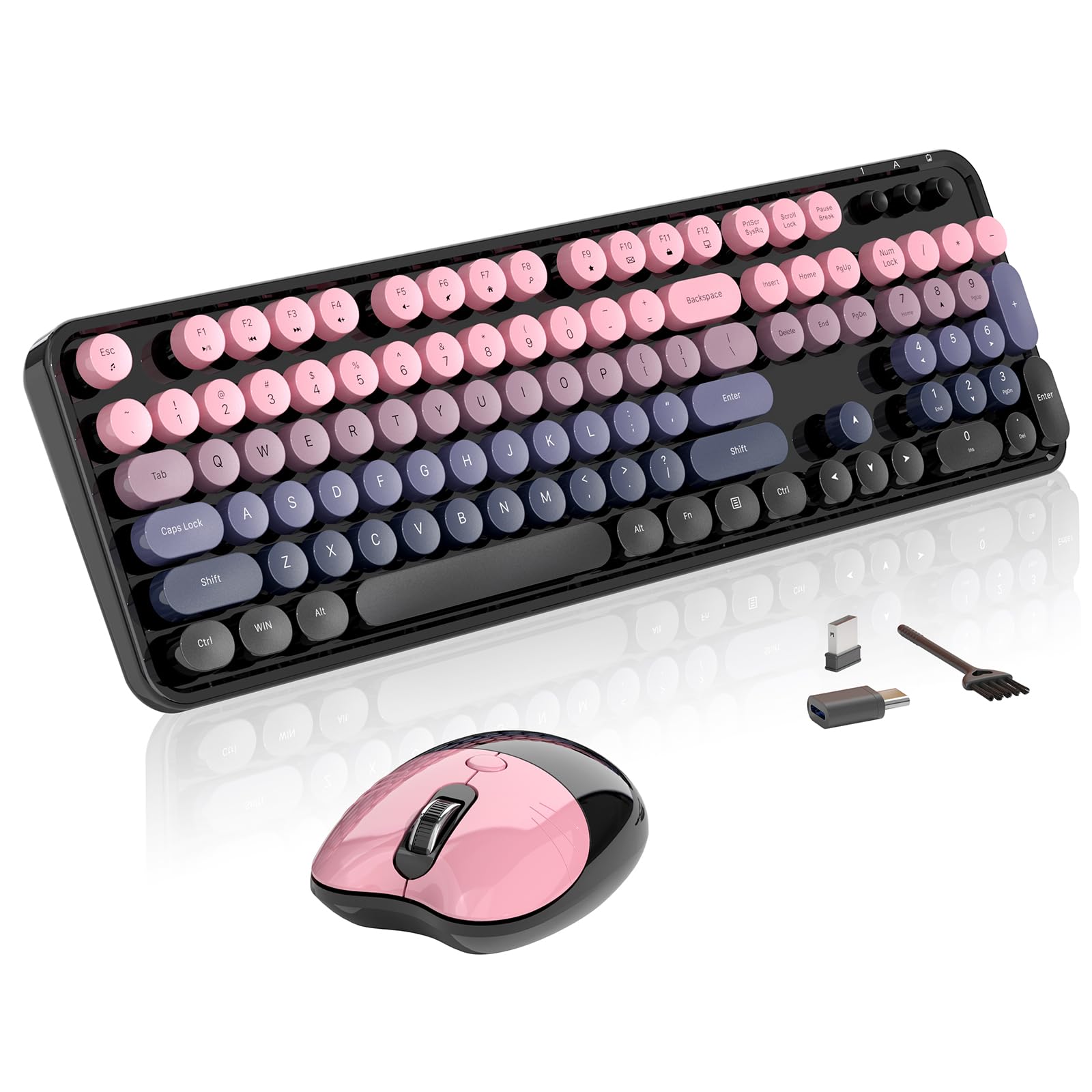 Wireless Keyboard and Mouse, MOFII 104 Round Keycaps Retro Typewriter with OTG & Brush, Full-Size Ergonomic, Ideal for Windows PC, Home, Office and College Peach Pink