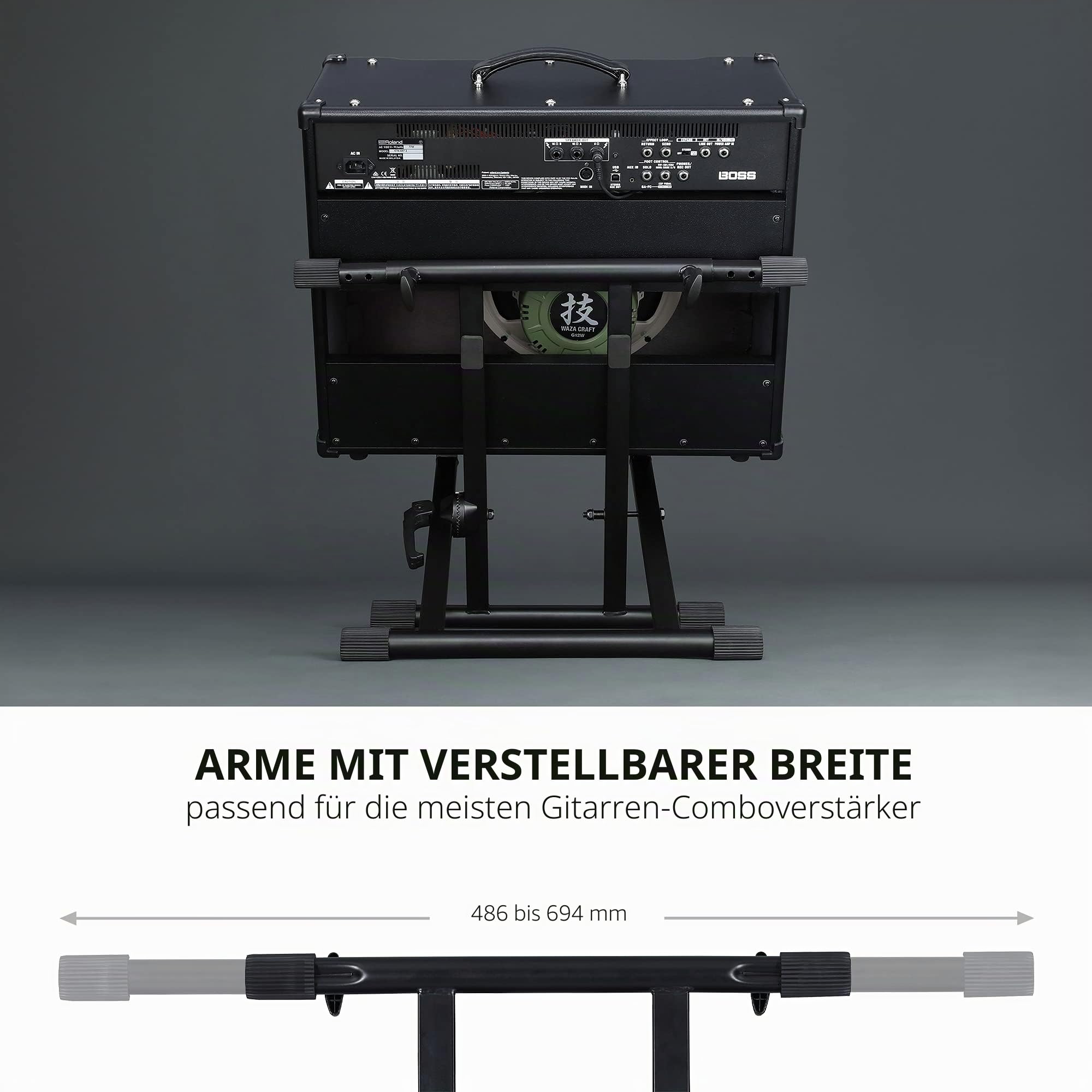 BOSS BAS-1 anpassbarer, nach hinten geneigter Verstärkerständer mit Teleskoparmen für offene und geschlossene Gitarren-Comboverstärker. Flach zusammenklappbar zur Aufbewahrung und zum Transport