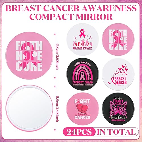 Miniatura 2 de Soaoo 24 piezas de regalos de concientización sobre el cáncer de mama para mujeres, espejo de bolsillo de cinta rosa, espejo compacto portátil