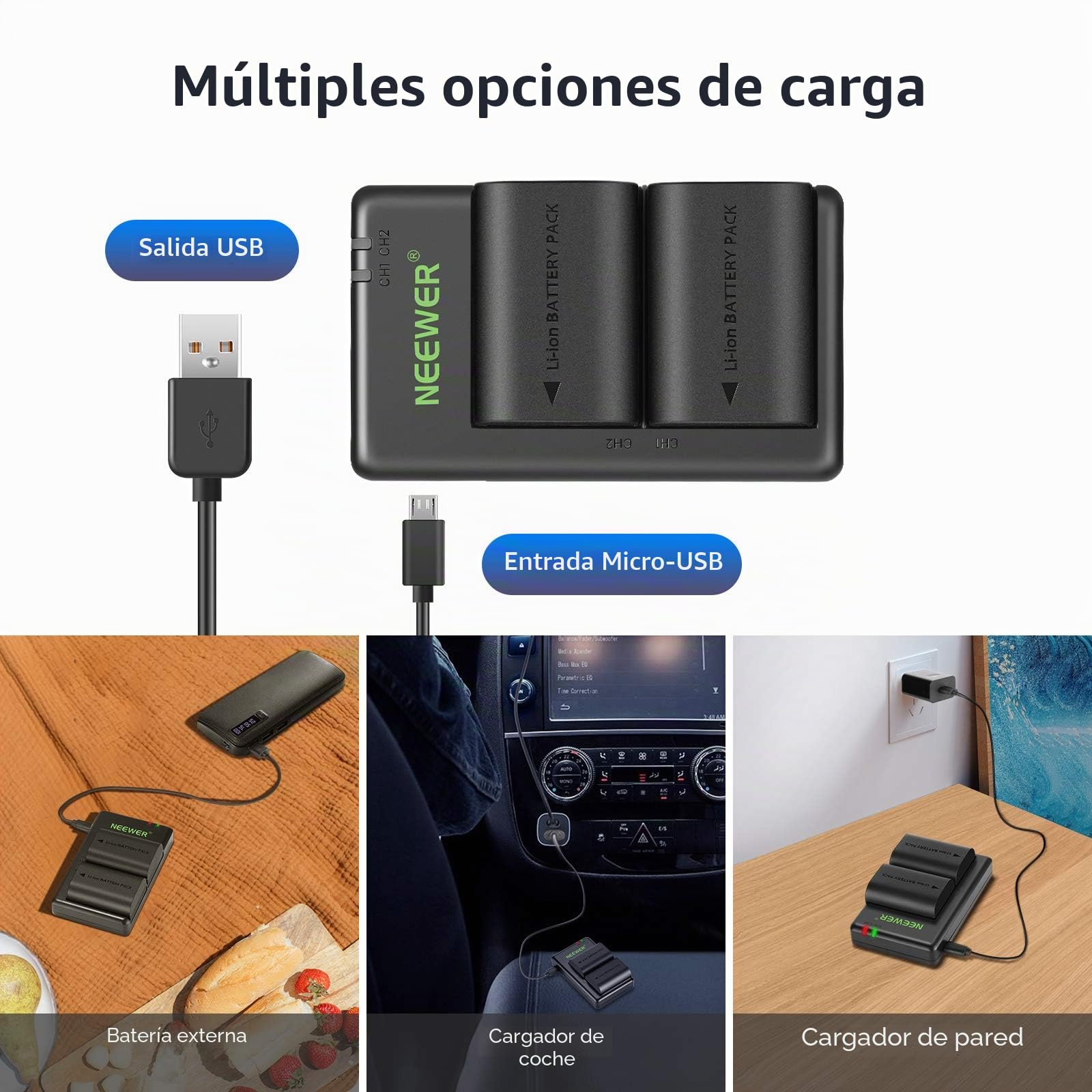 NEEWER Batería de Repuesto LP-E6NH Cargador de Batería Recargable Compatible con Canon EOS R7, EOS R5, EOS R6 R6 II, EOS R,5D II III IV,6D,6D II,7D,7D II,70D,80D,90D (2-Pack, Puerto Micro USB)