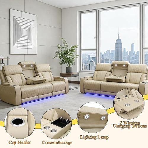 Miniatura 4 de Juego de sofá de sala de estar, con un sofá reclinable eléctrico con iluminación LED y una mesa de centro equipada con portavasos y capacidades de