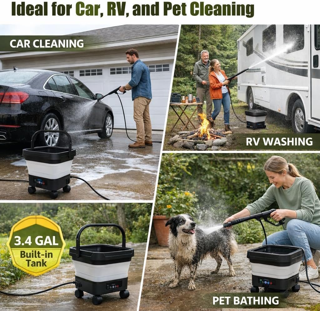Portable Cordless Pressure Washer with 3.4Gal Tank, 580PSI Max, 7-Level Adjustable Sprayer, 360° Nozzle, 23FT Hose, 20000mAh Battery, Foldable Design with Wheels for Car, Camping, Garden
