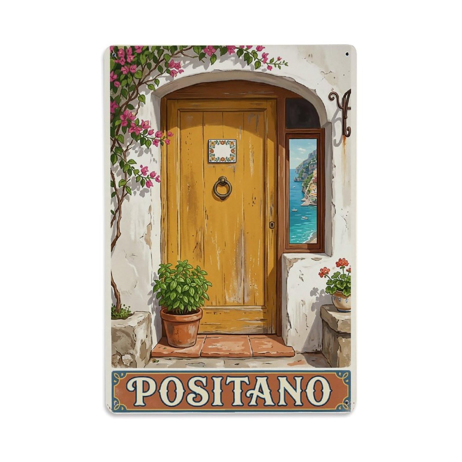 Huiyhb 8X12inch(20X30cm) Vintage Travel Positano Italy Ochre Door Detail Metal Tin Sign