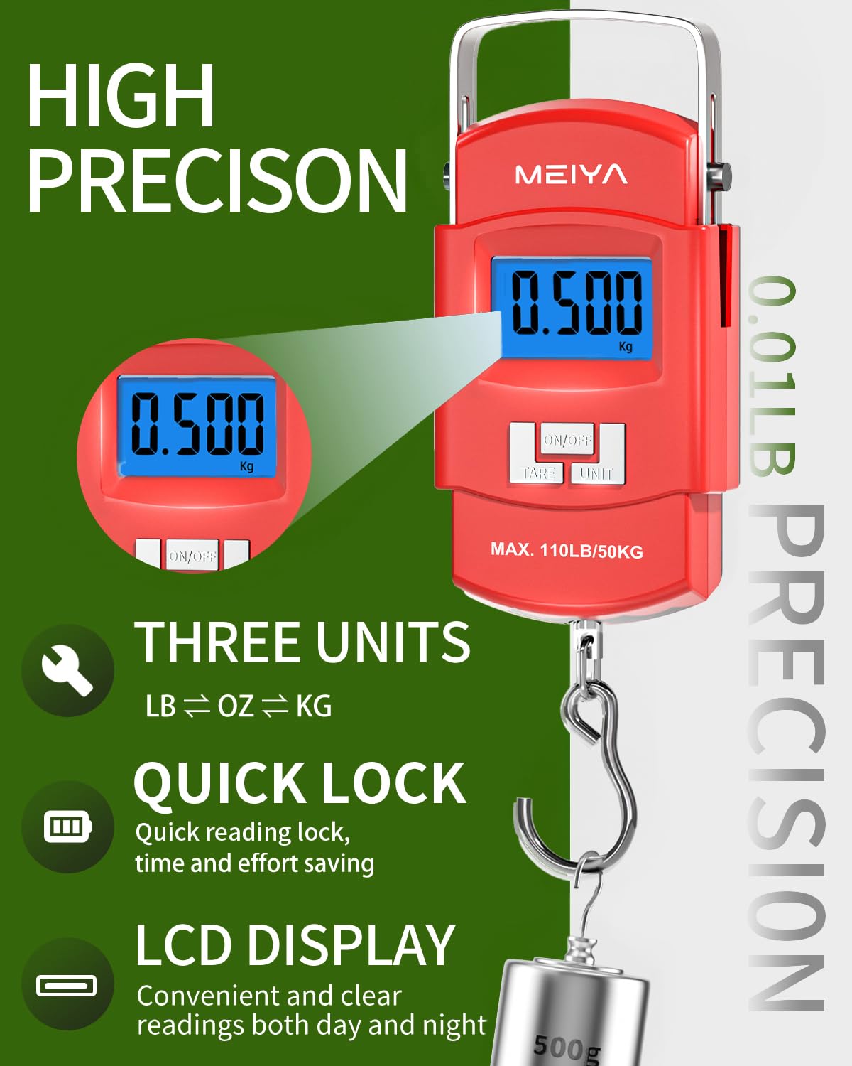 MEIYA Fischwaage 150 Pfund Tragbare Gepäckwaage Reise Digitale Hängewaage mit Haken, Angelgeschenke für Männer, Wiegewerkzeug für Koffer & Fische, inklusive 2 AAA-Batterien, LCD-Display mit