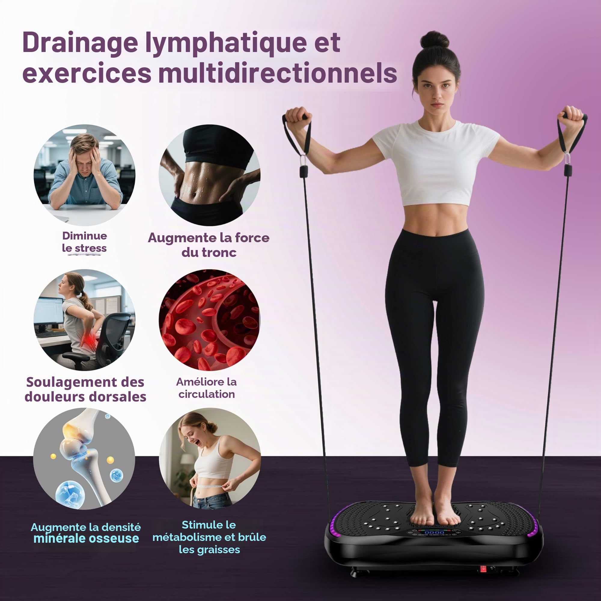 Plateforme Vibrante, Plateforme Vibrante Perte de Poids, 200 Vitesses Réglables Poids Maximal de 400lbs Entraînement Complet du Corps, avec Bandes de Résistance pour Drainage Lymphatique