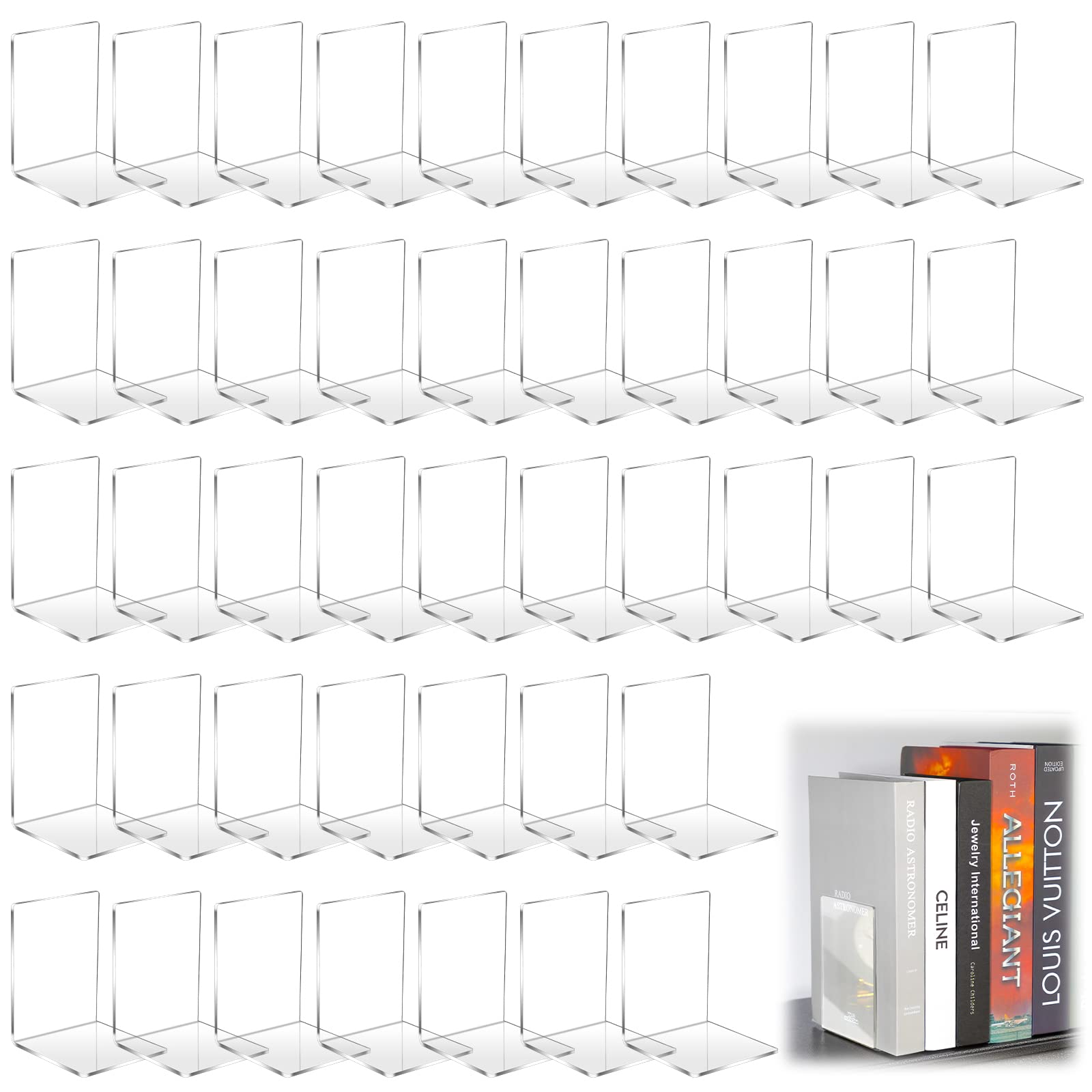 Tatuo 50 Pieces Bookends Acrylic Bookends Heavy Duty Book Holder Clear Book Ends for Shelves Decorative Book Organizer Book Stoppers for Movies CDs Library Office School, 5.12 x 3.94 x 3.94 inches