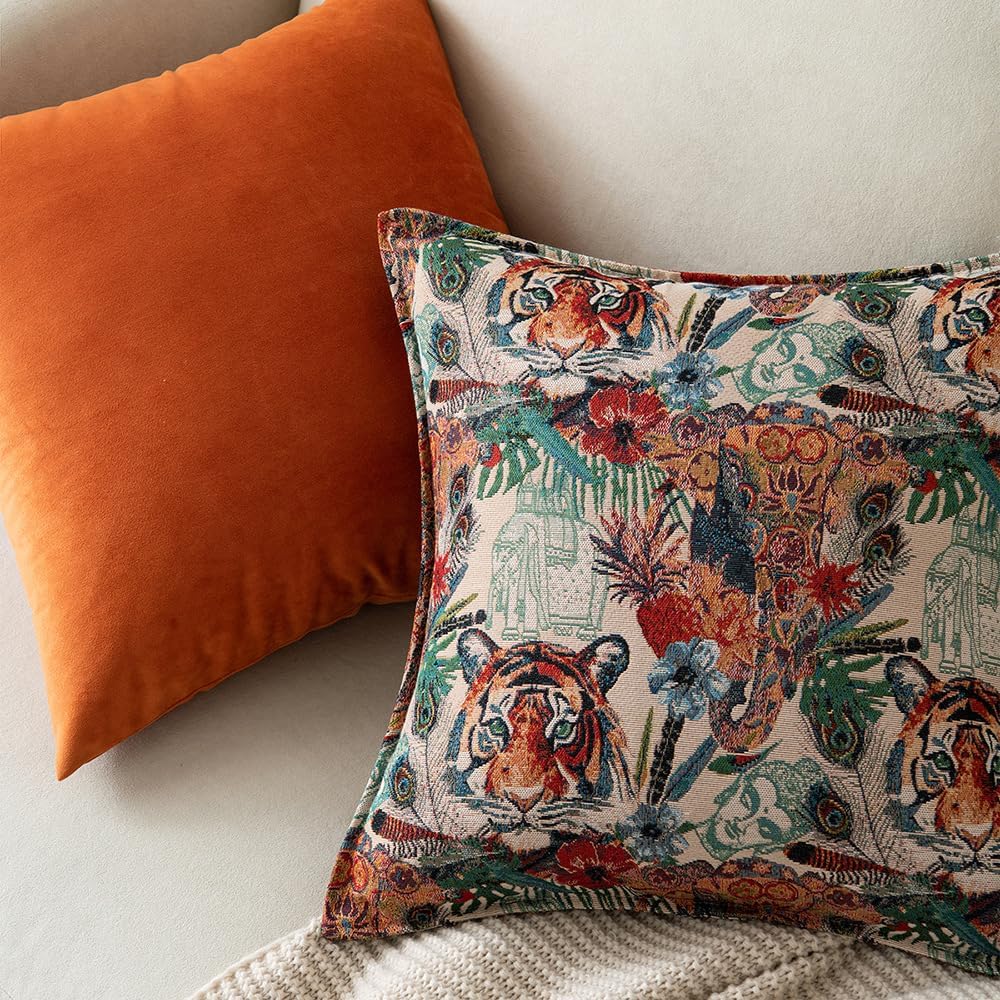 Set of 2 American Vintage Pillow Covers 18x18in, Abstract Art Tapestry Pillow Covers Sofa Couch，Vintage Tiger Pillow Cases, Art Plant Upholstery Square Cushion Covers 45x45cm