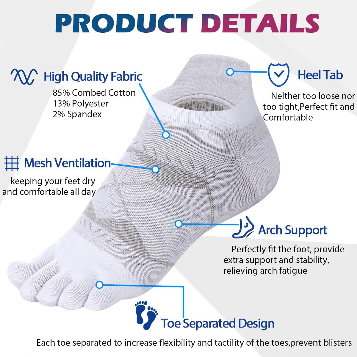 Meaiguo Toe Socks for Men Women-Breathable Low Cut Five Finger Socks For Running with Arch Support 4 Pairs - Image 3