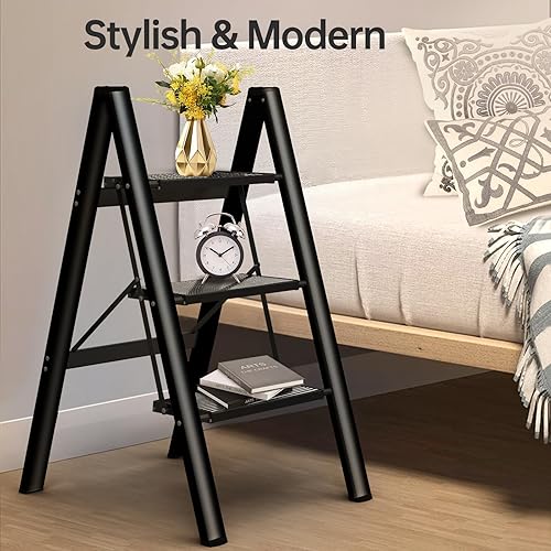 Miniatura 3 de Escalera plegable con 3 taburetes de cocina de aluminio, escaleras ligeras plegables de 330 libras con pedal ancho antideslizante, escalera portátil